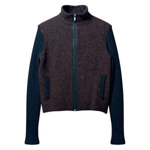 Margaret O'Leary Wool Blend Knit Black & Brown Zip Up Sweater Jacket Women's S